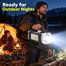 USB & Solar Rechargeable LED Flashlight with COB Side Light – Portable Outdoor Searchlight for Camping, Hiking, Travel & Emergency Use