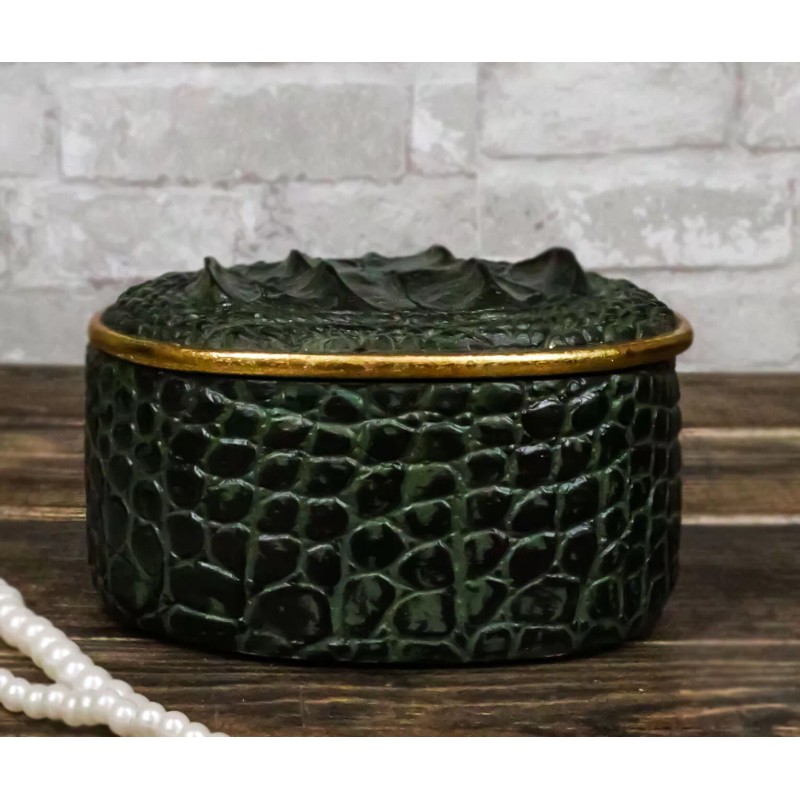 Ebros Gift Faux Crocodile Pattern Textured Green Print Gold Oval