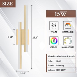 Sparklelf LED Wall Sconce Set of 2 Gold Remote Modern LED Vanity Lights Set of 2 Indoor Wall Light Fixtures for Living Room, Dimmable Wall Sconce for Bedside Bedroom Bathroom, 23.6inch 2 Pack