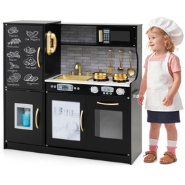 CHEFJOY Play Kitchen, Wooden Kids Pretend Cooking Toy with Microwave, Fridge, Easy Bake Oven, Chalkboard&Ice Maker, Kids Kitchen Playset Toys for Girls & Boys Ages 3+ (Black)