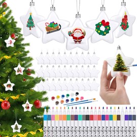 Hollowfly 36 Pcs Christmas Blank White Star Ornaments with Drawing Tools 3.15 Inch Large Xmas DIY Plastic White Hanging Ornaments with Painting Set for Xmas Crafts Party Decor