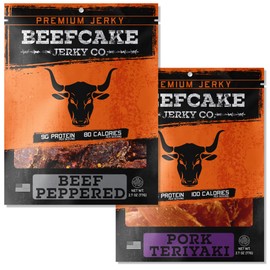 BEEFCAKE Jerky Pork Lover Variety Pack, Beef Jerky Signature Beef Peppered & Asian-Style Pork Teriyaki Mix, 9 Gram of Protein and 100 Calories 2.7 Oz | Pack of 2