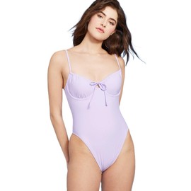 Wild Fable Women's Shirred Detail Underwire High Leg Extra Cheeky One Piece Swimsuit - (Purple, Small), Large