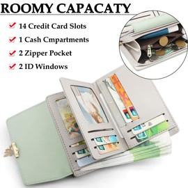 GOUNNU Women's PU Leather Purse RFID Protection Women's Purse Many Compartments Women's Wallet in Short Format with 14 Card Slots and Coin Compartment, Green, Contemporary