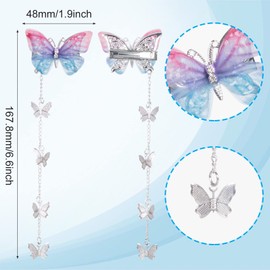 PAGOW 8pcs Long Butterfly Hair Tassel Clips Fabric Glitter Barrettes Hairpin Cute Rhinestone Bobby Pins Wedding Accessories for Women Girls Teens (Blue Purple Pink)