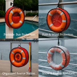 Weatherproof Life Ring Storage Bag – Life Ring cover Holds 2 Lifebuoys + Rescue Gear – UV Resistant, Waterproof, Cold-Resistant – Double Zipper, Handle & Hook – for Pools, Water Parks, Docks, Boats