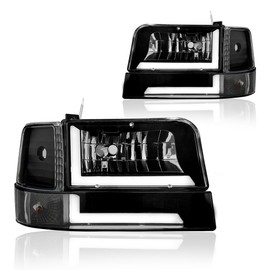 DimFlux LED DRL Headlight Assembly Headlights Kit Compatible with 1992-1996 Ford F150 F250 F350/1992-1996 Bronco Replacement Headlamp Black Housing Clear Reflector