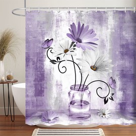 Uokiuki Rustic Farmhouse Floral Shower Curtain, Country Farm Purple Daisy Flowers Butterfly Abstract Shower Curtain Set, Violet Shower Curtains Farmhouse Bathroom Accessories with 12PCS Hooks,70X75IN