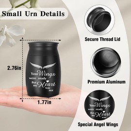 SOITIS Small Urns for Human Ashes Keepsake - 2.76 Inches Black Aluminium Mini Urn for Ashes Keepsake, Cremation Urns Funeral Holder, Memorial Decorative Urn for Male Female - Wings Urn