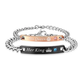 WLLAY2 Pcs Couples Bracelet for Women Men His Queen Her King Bracelet Bar Bracelet Set Matching Bracelet Fiendship Lover Gift (A:His Queen Her King)
