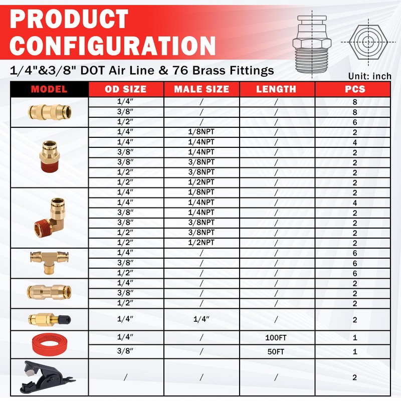 CheeMuii 76 PCS Brass DOT Air Line Fittings with 100FT