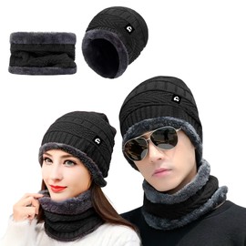 Bluelander Gorros de Invierno con Bufanda para Hombre y Mujer, Conjunto de Bufanda con Gorro, Forro de Lana, A Prueba de Viento de Invierno (MX/US, Alfa, Talla única, Negro - 2 Piezas)
