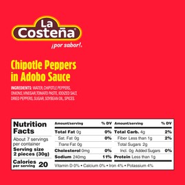 La Costeña Chipotle Peppers in Adobo Sauce - Smoked Spicy Peppers Chipotle in Adobo Sauce - Mexican Food, Taco, Enchiladas & Salsa - Hot Pickled Vegetables - 7 oz, 24 Pack Canned Vegetables