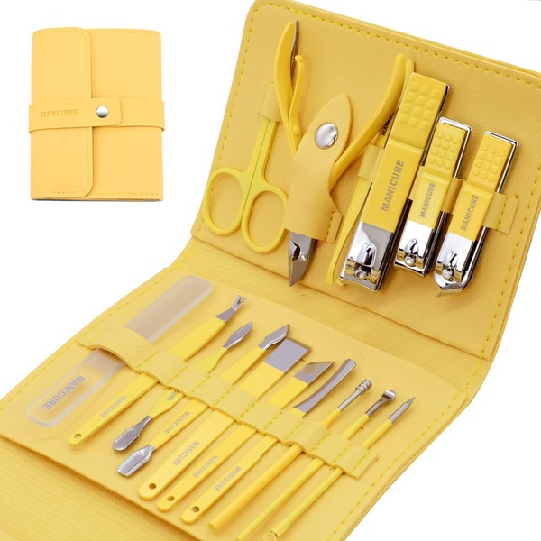 LIUCONGBD Manicure Set 16 Pieces Professional Nail Clippers Pedicure Set, Stainless Steel Nail Care Tools, Grooming Kit with Luxury Leather Travel Case for Women Men (Yellow)
