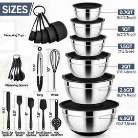 E-far Mixing Bowls with Airtight Lid Set, 25PCS Stainless Steel Nesting Prep Bowls with Grater Attachments Non-Slip Bottoms for Cooking, Baking, Serving, Food Storage, 4.6/2.6/2/1.5/1/0.7QT - Black