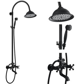 gotonovo Bathroom Classic Exposed Shower Faucet Wall Mount Shower System 8 Inch Luxurious Rainfall Shower Head Set with Tub Spout and Handheld Spray Double Cross Handles Matte Black