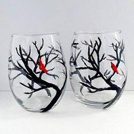 Snowy Branches Red Cardinal Stemless Wine Glasses Set of 2