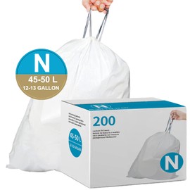 Code N 200 Count Drawstring Trash Bags Compatible with simplehuman Code N | 1.2 Mil White Garbage Can Liners 11.9-13.2 Gallon / 45-50 Liter Heavy Duty Plastic Trash Bags