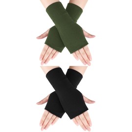 2 Pairs Fingerless Gloves Women Man Stretchy Knitted Gloves Thumb Hole Mittens Wrist Length Arm Warmers (Black, Grey)