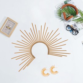 JNAWA 3Pieces Mary Crown Headband and Earrings Gold Spiked Greek Headband Sun Vintage Earrings Costume Hair Accessories for Carnival
