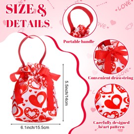 SilTriangle 12 Pcs Valentine's Day Small Gift Bags 6.5 x 5.5 Inch Heart Drawstring Goodie Bags with Handle Bottom Canvas Red Gift Pouches for Valentines Bridal Shower Wedding Birthday Party Favors