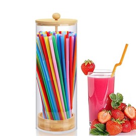 Straw Holder Dispenser for Counter, 10 Inch Tall Drinking Straw Dispenser with Bamboo Lid for Straws, Transparent Straw Storage Container for Kitchen