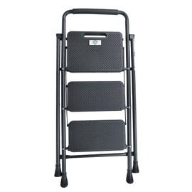 Elevon Folding Step Stool with Wide Anti-Slip Pedal, ​330​lbs Sturdy Steel Ladder, Black, 3-Step