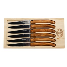 Jean Dubost 6 Steak Knives with Rustic Range Olive Wood Handles in a Box, MADE IN FRANCE