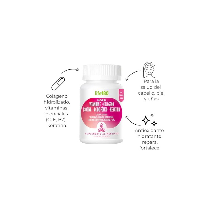 Life180, Cápsulas a Base de Vitamina E, Colágeno, Biotina y