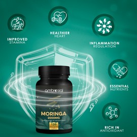 Ambrosial Premium Organic Moringa Capsules 2000MG - High Strength Antioxidant Superfood Supplement for Energy and Wellness - 120 Veg Capsules