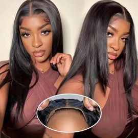 Wear And Go Straight Glueless Wigs Human Hair 14 Inch Pre Cut 4x4 Closure Straight Lace Front Wigs Human Hair No Glue Lace Front Wigs Human Hair For Women Natural Black 150% Density Natural Black