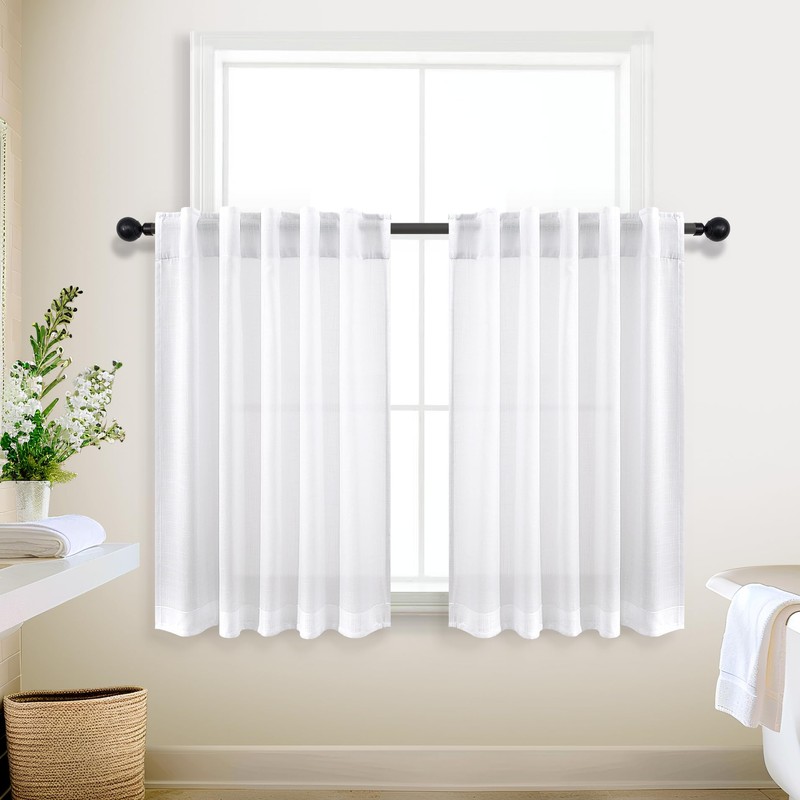 KOUFALL Kitchen Curtains 36 Inch Length,White Linen Light Filtering Semi