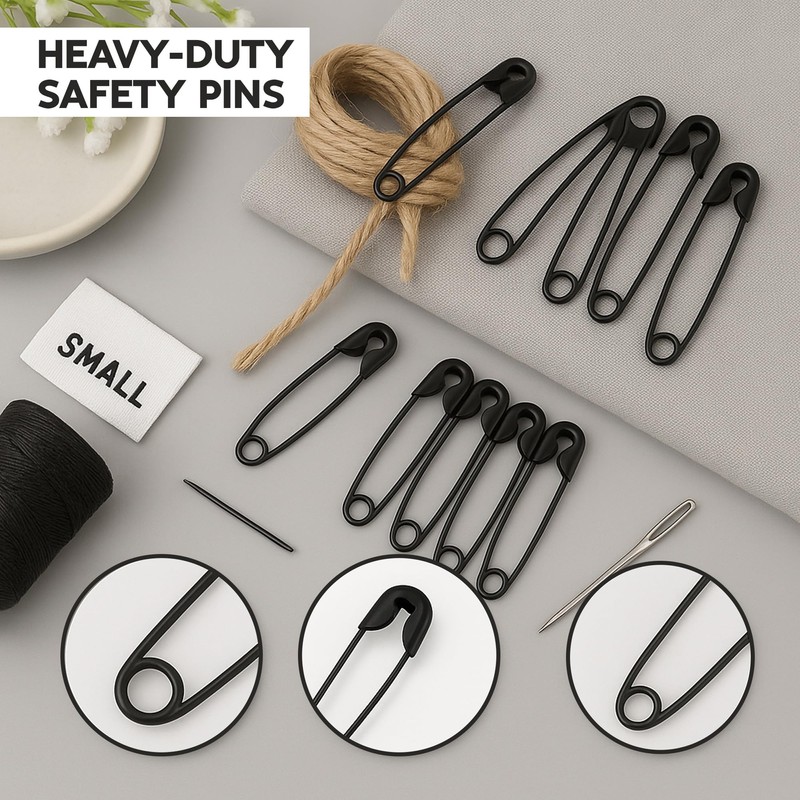 120 Mini Black Safety Pins (19mm) – Strong Alloy Steel