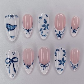 GlamRays 24 Piece Blue Pink Flower Sticker-Nails, Medium Almond French Tip False Nails with Bow Design, White Glossy Coating