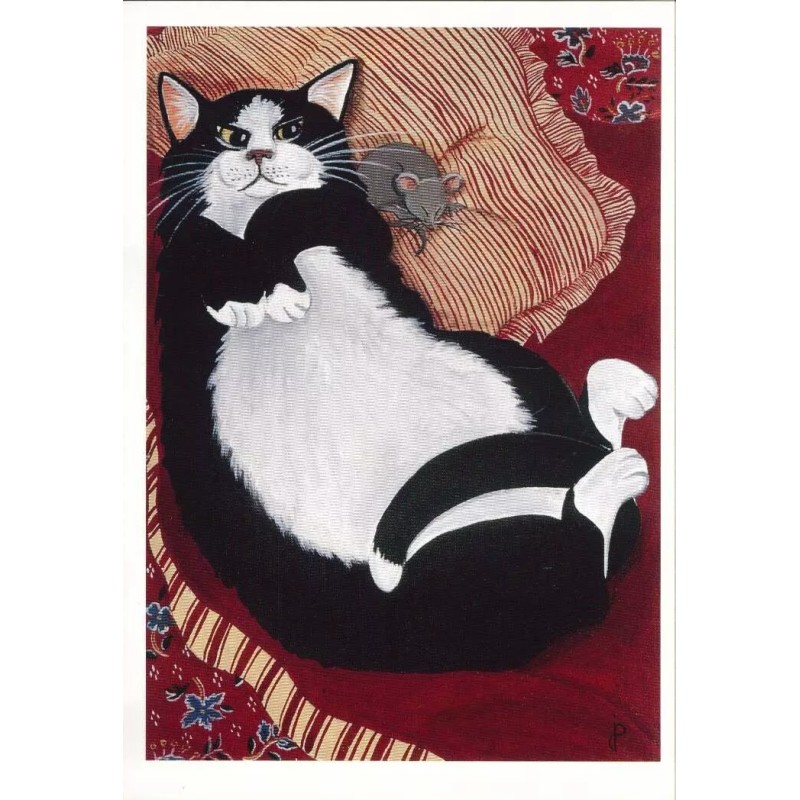 White Fat black and white cat on couch with mouse