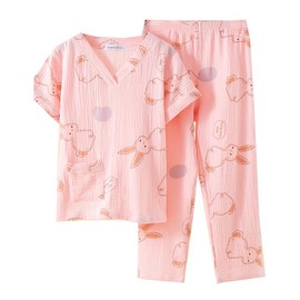 ゆめパジャマ ダブルガーゼパジャマ キッズ ルームウェア子供 コットン 春夏 秋冬 Ｖネック長袖 綿100 通気性 寝間着 男の子 女の子 兄弟 姉妹 お揃い (JP, 身長, 140, 半袖ピンク)