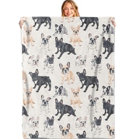 MIEPOS French Bulldog Throw Blanket, 50x60in, Soft, Lightweight Flannel, Cute Cartoon Frenchie Dog Pattern in Tan, Black White Blankets, Gifts for Kids, for Easter Home Living Room Decor