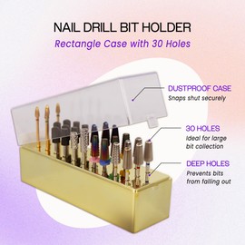PANA Rectangle Nail Drill Bit Holder Display Organizer Case - Dustproof Carbide Bit Storage Container Box For Manicure Tools Nail Salon - 30 Holes Gold (Drill Bits Not Included)
