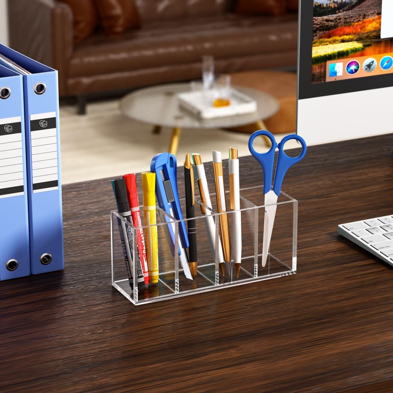 HIIMIEI Acrylic Pen Holder 4 Compartments Clear Makeup Brushes Holder