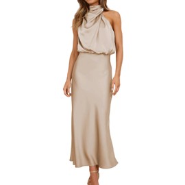 BZSFW Women's 2024 Summer Satin Dress Elegant Sleeveless Mock Neck Cocktail Party Maxi Dresses (Beige, X-Large)