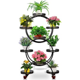 6-Tier Metal Plant Stand Black, 9 Flower Pots Creative Flower Bed Garden Decoration Holder Rack Trays KPfaster Large Diameter for Terrace Lawn Garden Yard Balcony Decor