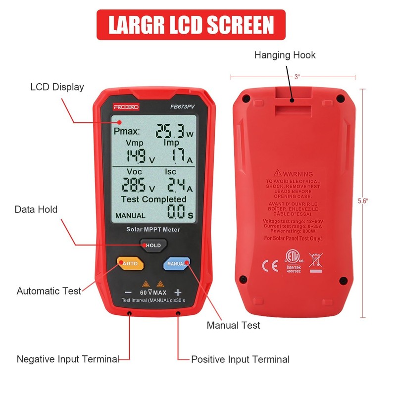 FrogBro FB673PV Solar Panel Tester, Photovoltaic Multimeter 800W, Solar MPPT