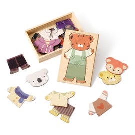 Wooden Animal Dress-Up Puzzle with Storage Box - Mix-and-Match Jigsaw Puzzles for Toddlers Ages 3+, Preschool Montessori Early Education Toy