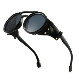 GYsnail Polarized Steampunk Sunglasses For Men With Leather Side, UV400 Protection HD Lens, Round Punk Goggles (Black)