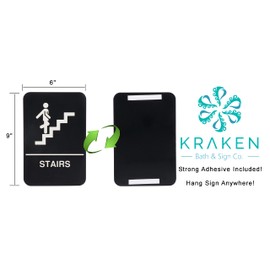 Kraken Sign Co - ADA Stairs Sign with Braille - Black and White, 9" x 6" - Self Adhesive - Easy To Mount - Made With Durable Plastic (Black, 1 Pack)