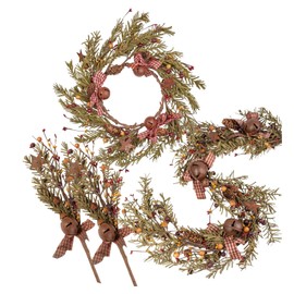 Factory Direct Craft Artificial Rustic Bells Pip Berry and Pine Garland Wreath and Sprays Set for Christmas and Farmhouse Decorating (42 Inch Garland, 11 Inch Dia Wreath)