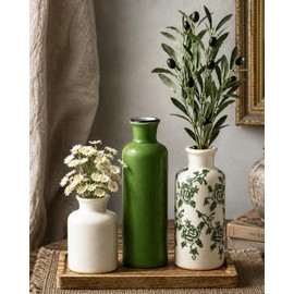 6PCS Sage Green Ceramic Vase Set with Faux Daisy Flowers & Olive Branches, Wooden Tray Included, Rustic Farmhouse Greenery Aesthetic Decor Vases for Living Room Table, Bookshelf, Shelf Accents