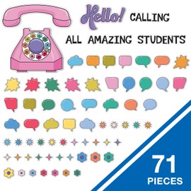 Happily Ever Elementary Retro Remix 71-Piece Motivational Bulletin Board Set, Banner, Telephone, Flowers, Speech Bubbles, and More Bulletin Board Decorations, Groovy Classroom Decor