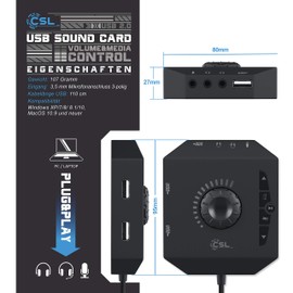 CSL - USB Sound Card External - Sound Card with Volume Control USB Hub - Connection for Headset Headphones Microphone - Equaliser - Control of an Audio Player - Black
