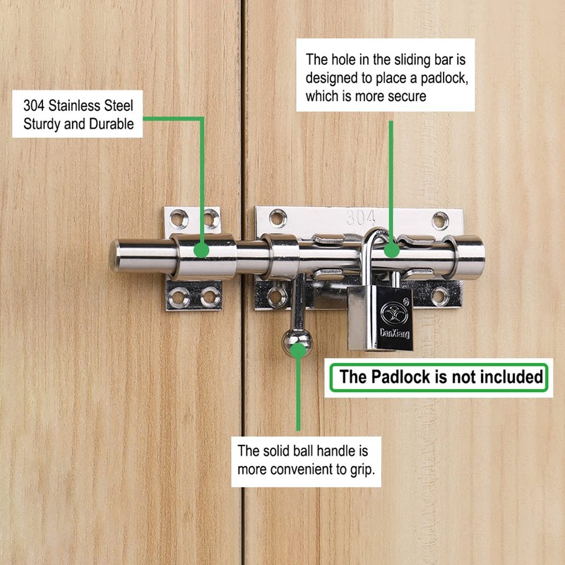 Litensh Door Bolt for Sliding Gates with Hole for Padlock,